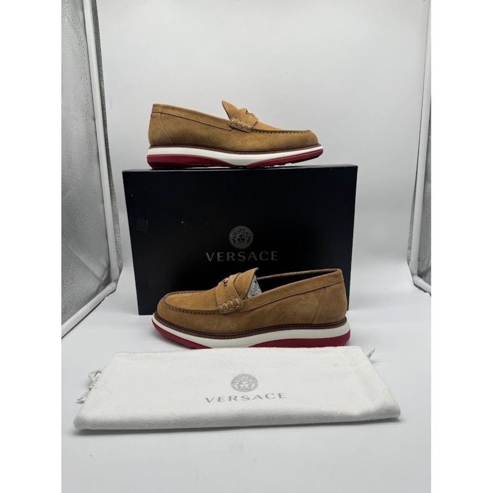 Versace Medusa Suede Leather Loafers Mens IT 39 US 6 Tan Gold 7771 New in Box